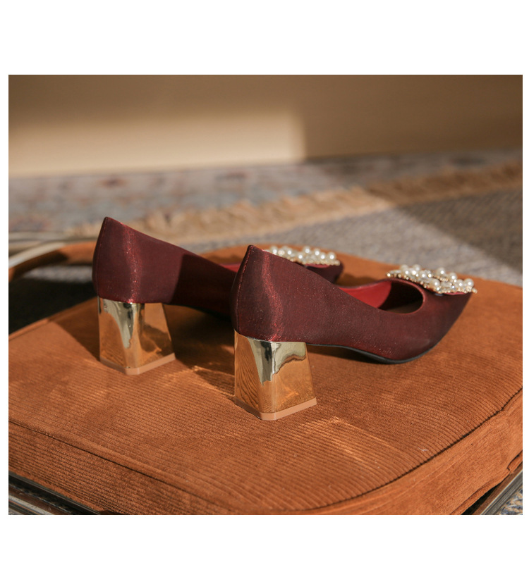 Giày cưới mũi nhọn gót thô cao 9 cm, miệng nông, phong cách cổ điển — Màu đỏ rượu chi tiết 25