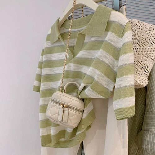 Polo Striped Regular Shoulder Short-Sleeve T-Shirt for Women - Summer 2025 Design-Oriented Unique Slimming Short Top