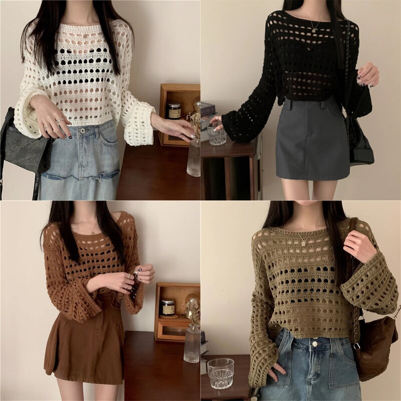 Summer Loose Lazy Style Trumpet Sleeve Air-conditioning Shirt Hollow Thin Breathable Blouse Mesh Short Knitted Top for Women Summer Loose Lazy Style Trumpet Sleeve Air-conditioning Shirt Hollow Thin Breathable Blouse Mesh Short Knitted Top for Women