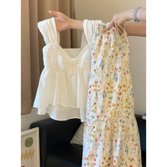 韓国の夏服、女性用の年齢軽減スーツ一式、中空ジャガードベスト、サスペンダー、ハイウエスト花柄スカート、2点セット