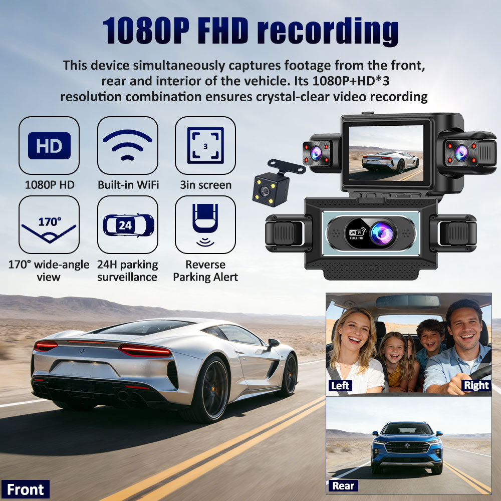 Cross-Border Hot-Selling 1080P High-Definition Dash Cam with Four Lenses, Wifi, 3inch Screens for Simultaneous Recording and Display of Reversing Images