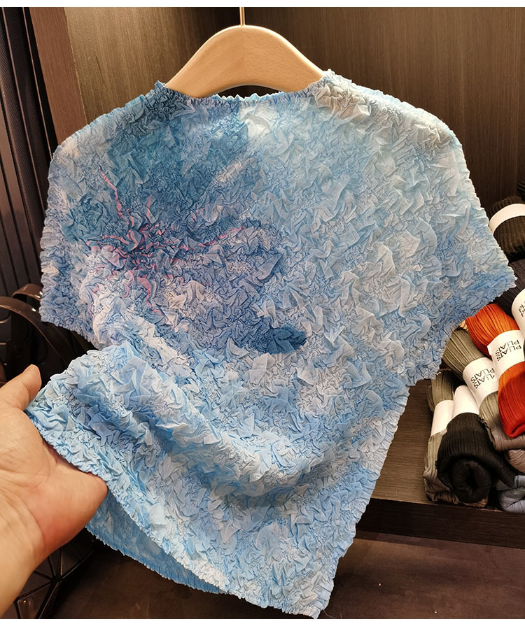 Áo thun nữ ngắn tay in họa tiết xếp ly thiết kế cao cấp — Màu xanh da trời, Màu đen, Màu tím, Xanh lông công chi tiết 38