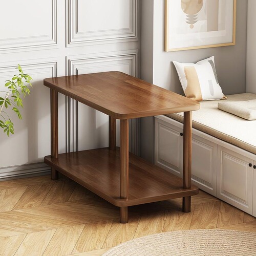 Sofa side table, new Chinese style solid wood double-layer movable small tea table, living room household small tea table, simple storage shelf