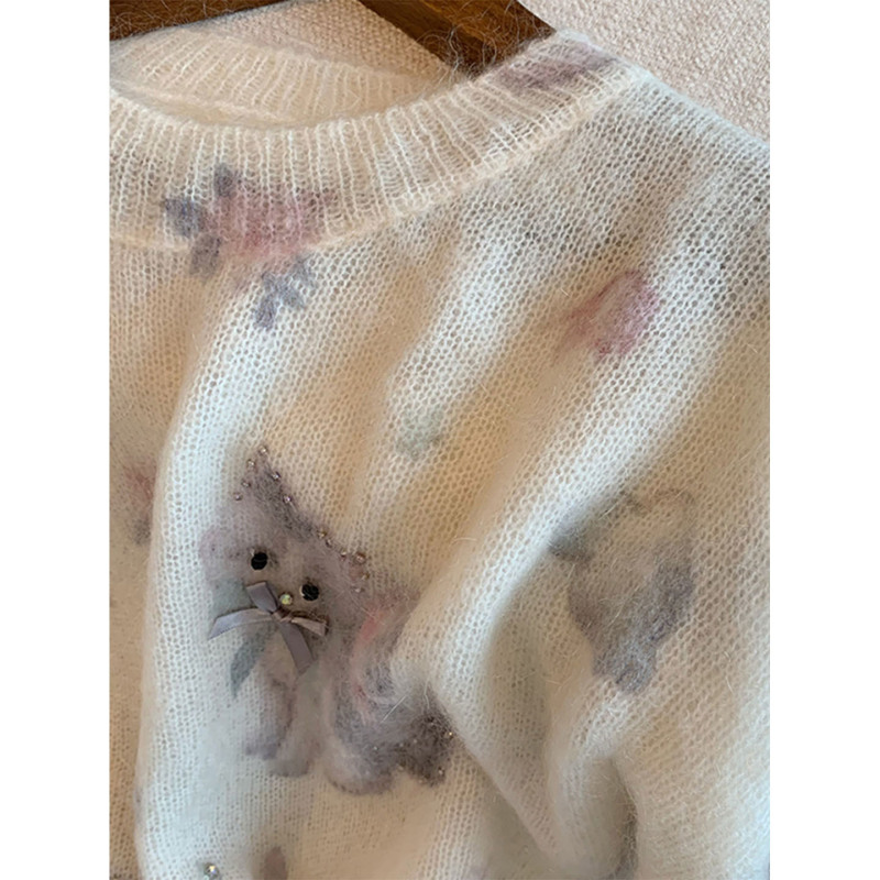 2025秋冬新款卡通猫咪印花长袖套头针织毛衣女慵懒风软糯宽松上衣|undefined