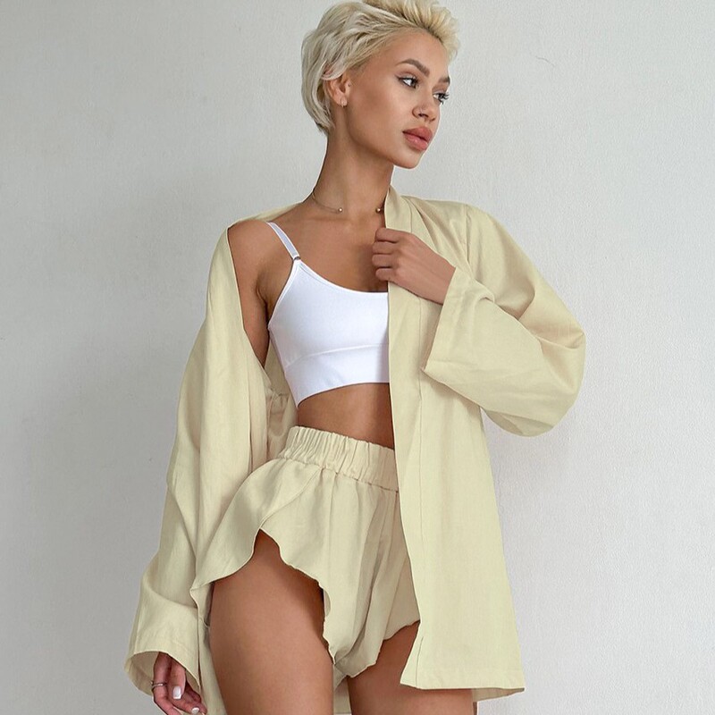 2024 Autumn New Comfortable Temperament Lace-up Waist Long Sleeve Cardigan Irregular Shorts Two-piece Home Clothes