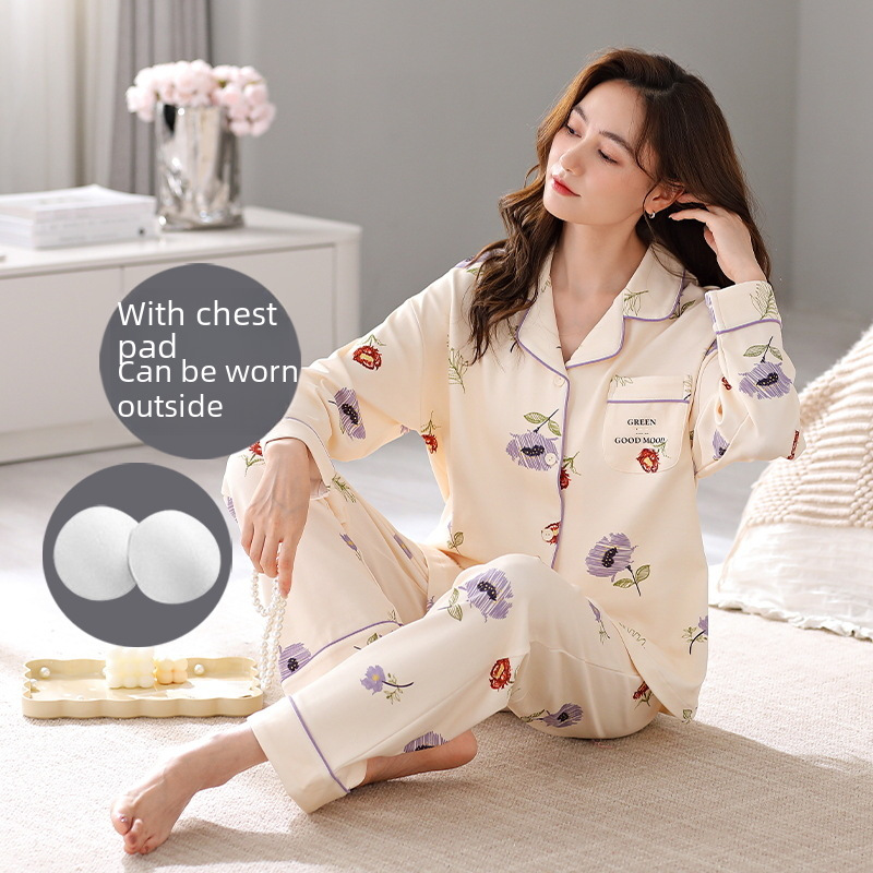 가슴 패드가 달린 다양한 잠옷, 여성용 가디건, 순면 긴팔 슈트, 밖에서도 입을 수 있는 라지 사이즈, 심플한 라펠 홈복