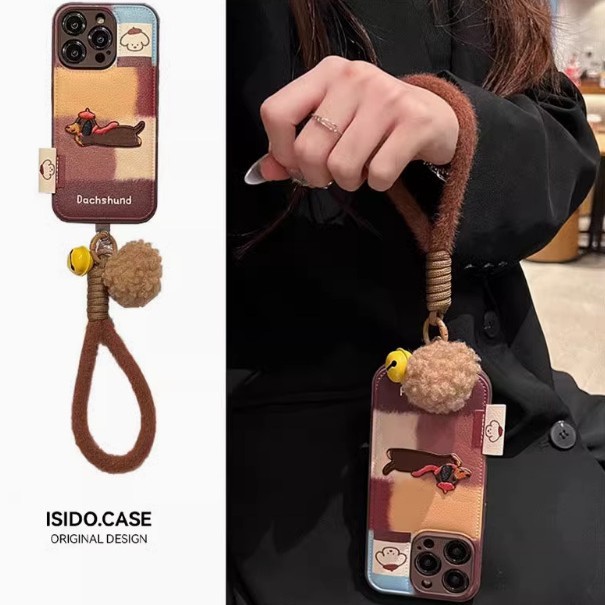 Cachorro bordado de dibujos animados iphone15 cuero 16ProMax funda para teléfono móvil apple 13 pareja 14 cordón 16