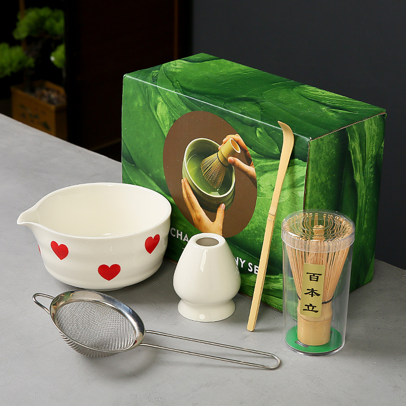 跨境抹茶碗套装樱桃蝴蝶结心形图案花纸陶瓷百本立茶筅点茶系列|undefined