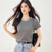 R4058灰色休闲简约小众亮片圆领T恤宽松粉短袖韩系上衣女夏季内搭