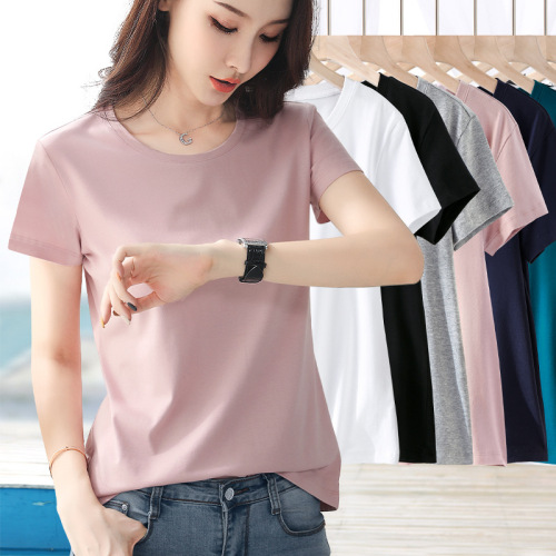 Women's Summer Straight Short-Sleeve T-Shirt in Bare Pink, Plus-Size Basic Top with Pure Color Small Round Collar