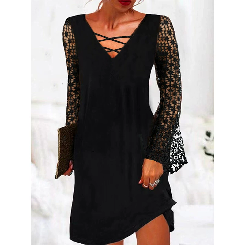 2023 Новое однотонное кружевное платье с длинными рукавами, повседневное маленькое черное платье А-силуэтом с V-образным вырезом