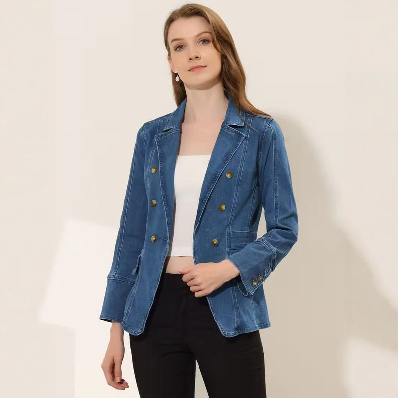 Cross-border black double-breasted denim blazer for women, with a notched lapel, slim fit, cinched waist, and visible stitching, suitable for smart casual workwear Cross-border black double-breasted denim blazer for women, with a notched lapel, slim fit, cinched waist, and visible stitching, suitable for smart casual workwear