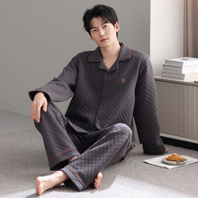 秋冬季加厚纯棉睡衣爸爸款男士全棉长袖家居服保暖薄夹棉夹层套装