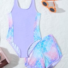 女童泳衣美人鱼训练儿童专业游泳衣三角小童洋气连体泳衣学生版