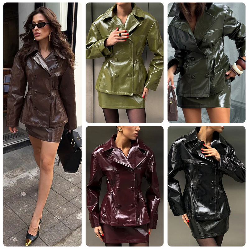 Retro-Style Shiny Leather Outfit, European and American Cross-Border 2026 New Model, Double-Breasted Waist-Cinching Leather Jacket with Matching Color Mini Leather Skirt Retro-Style Shiny Leather Outfit, European and American Cross-Border 2026 New Model, Double-Breasted Waist-Cinching Leather Jacket with Matching Color Mini Leather Skirt