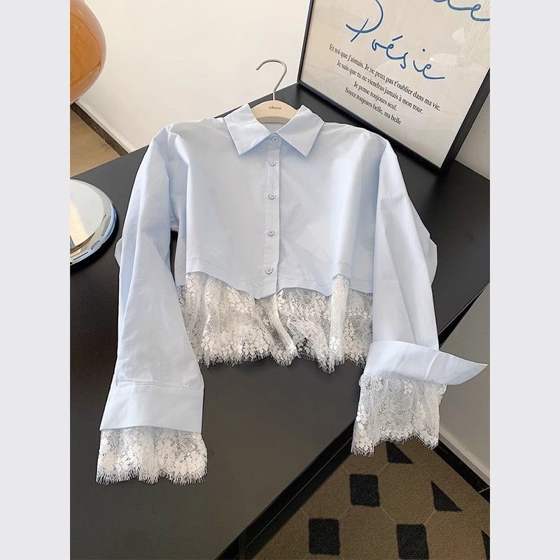 Blue Shirt for Women, Petite Short Design, Niche Top with Lace Hem, Elegant Blouse for Spring 2025