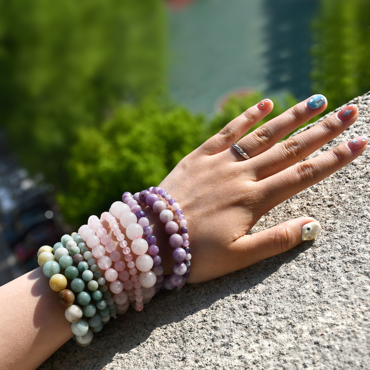 Beaded Design Elegant Geometric Solid Color Natural Stone Bracelets In Bulk