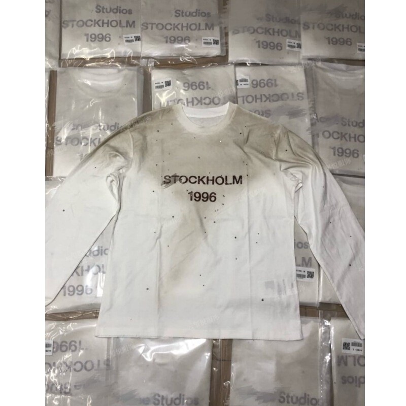 1 Folding Designer AC 25 New Washed Old Letter 1996 Spray Painted Hot Drilling Retro Loose Long Sleeve T-Shirt