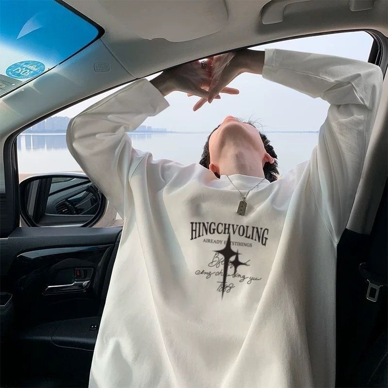 100% algodón de alta calidad, estudiantes de estilo coreano, camiseta de manga larga pesada para hombres