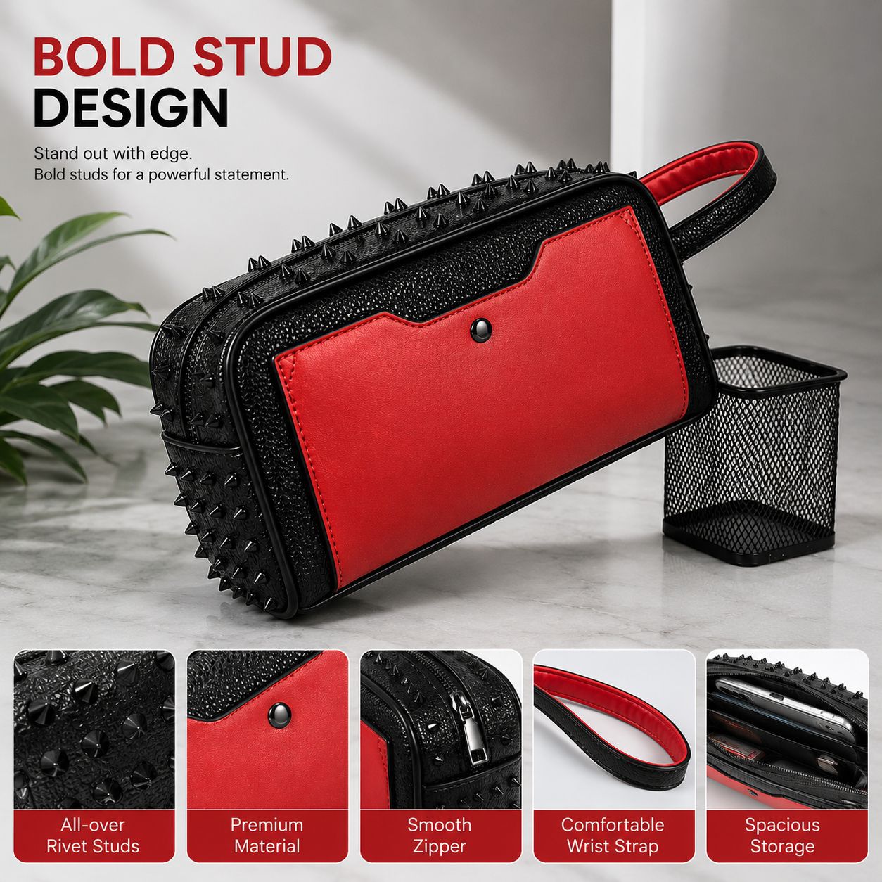 Men's Clutch Bag with Stylish Rivets, Fashionable Wrist Bag, Large Capacity Versatile Crossbody Bag, Everyday Men's Clutch Bag