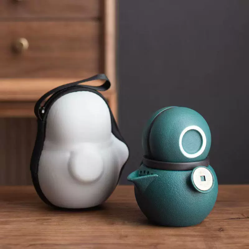 禹诚中式旅行茶具套装陶瓷一壶二杯便携户外随身财宝企鹅快客