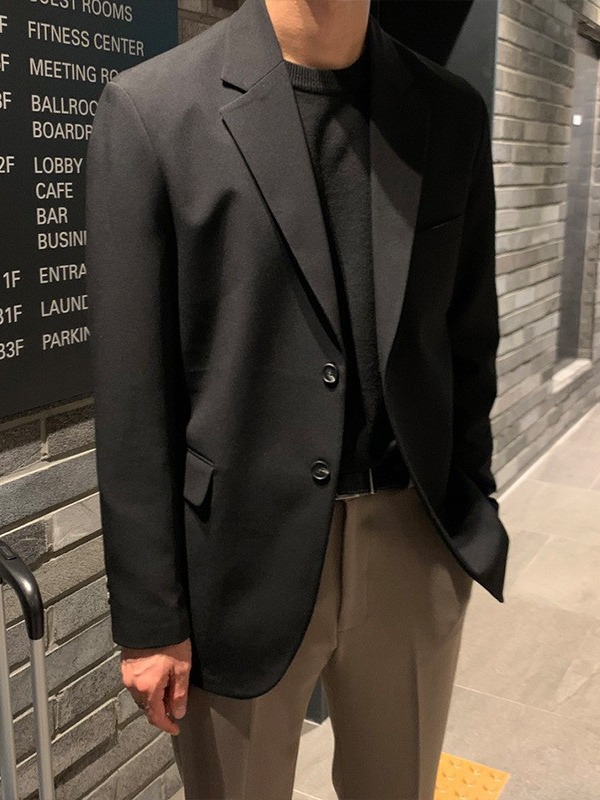 7045555501<2 QFV507045555501<2 Giacca casual da uomo in stile coreano Dongdaemun, abito alla moda, autunno, blazer singolo nero ampio_voghion.com