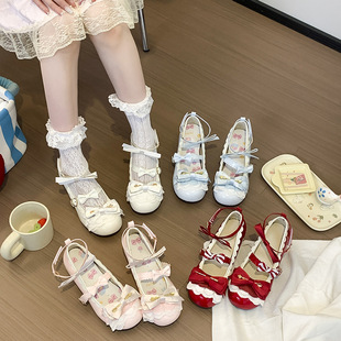 Sweet and Cute Original Lolita Shoes for Women Thick Heel Flower Lingji Lo Shoes Medium Heel Lolita Mary Jane Small Leather Shoes