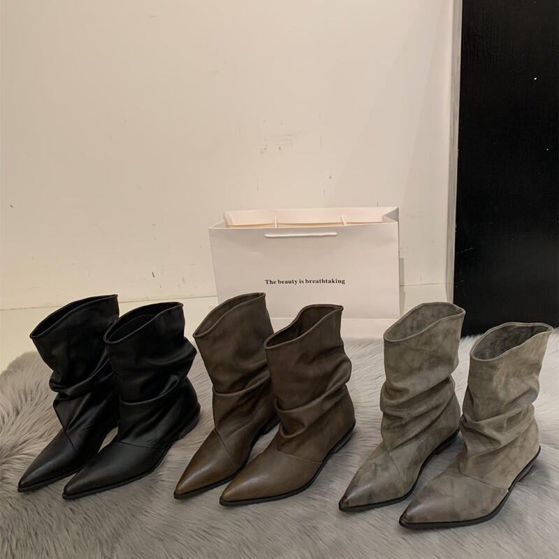 Sheepskin version~Black high-heeled short boots for women, 2026 new autumn and winter Maillard pointed-toe boots, pant-leg boots Sheepskin version~Black high-heeled short boots for women, 2026 new autumn and winter Maillard pointed-toe boots, pant-leg boots