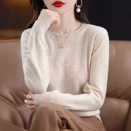 2024年秋冬休闲百搭花边圆领内搭衣女新款洋派毛衣长袖针织衫宽松