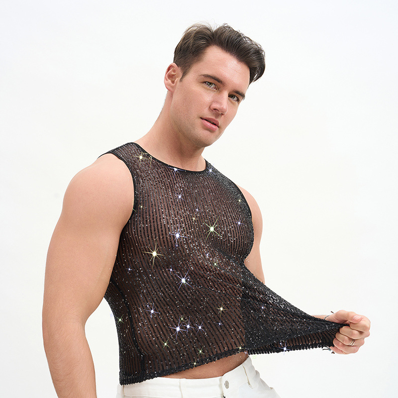 Cross-Border European and American Mesh Sequin Sleeveless Men's Vest Nightclub Top Sequin Music Festival Party Personalized Clothing Cross-Border European and American Mesh Sequin Sleeveless Men's Vest Nightclub Top Sequin Music Festival Party Personalized Clothing