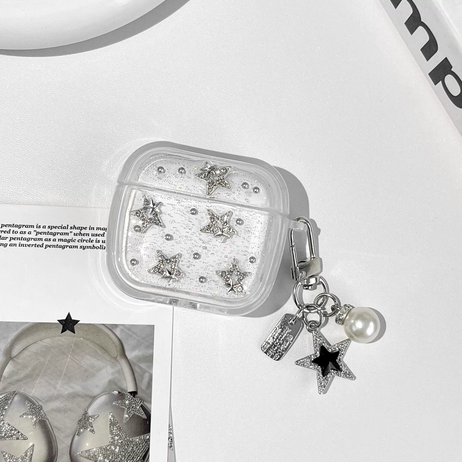 Чехол для AirPods Phantom Pentagram, мягкий TPU с блёстками и пентаграммой-подвеской
