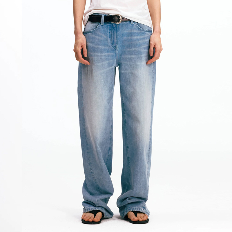 Alrigh All-Cotton Mid-Low Waist Light Blue Vintage Handmade Whiskered Washed Thin Denim Jeans Casual Straight Fit