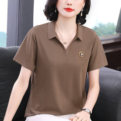 2025夏の新型お母さんは半袖の女性tシャツを着て、シンプルな襟のスパンコールのデザインがゆったりしています。