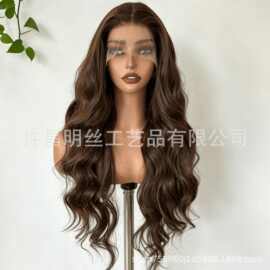 外贸跨境假发前额蕾丝13*4长卷发深棕色合成头发全头套假发wigs