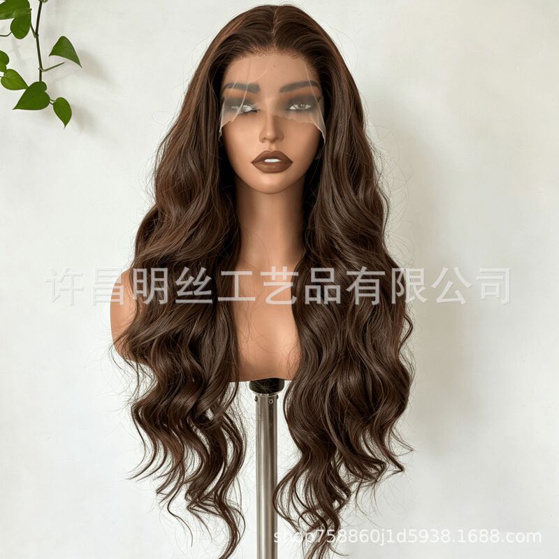 Foreign Trade Cross-Border Wig with Lace Front 13*4 Long Curly Hair Dark Brown Synthetic Hair Full Head Wig Wigs