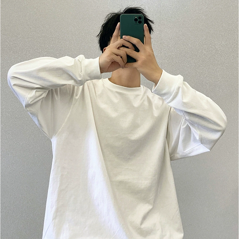 Изысканный Роскошный топ, мужская и женская Однотонная футболка, свободная Тяжелая Базовая рубашка в стиле хип-хоп для уличных танцев с маленьким вырезом и длинным рукавом