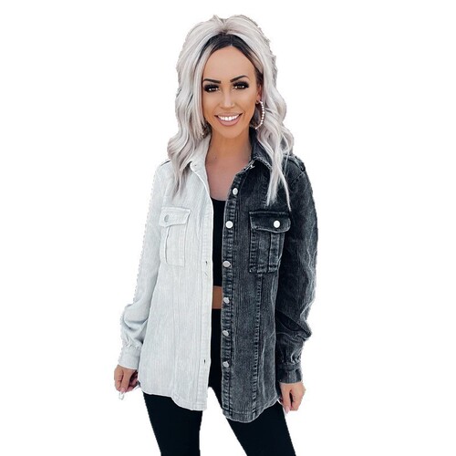 Women's Loose Casual Pullover Blouse with Lined Corduroy Collar, Washed Open Vest, Western Popular Style