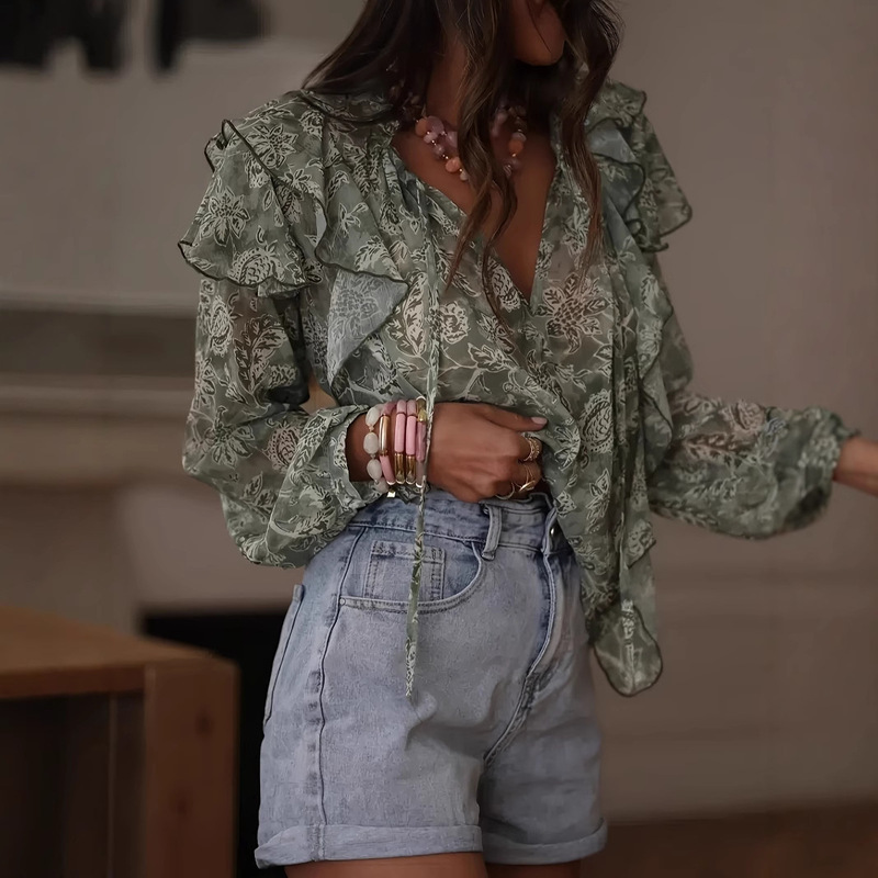 Foreign Trade 2025 Spring and Autum New Versatile Printed Pullover Round Neck Lace-Up Long-Sleeved Layered Decorative Shirt Chiffon Shirt