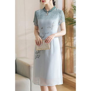 Chinese-Style Summer Chiffon Improved Cheongsam Dress for Middle-Aged and Elderly Mothers, New Chinese-Style Elegant Dress