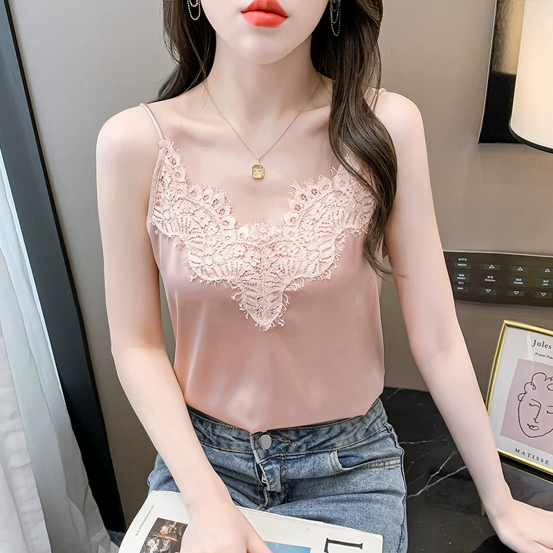 Шелковый слинг 2022 летняя новая Сексуальная кружевная верхняя одежда шелковая камзол тутового дерева Женский Внутренний Базовый Топ