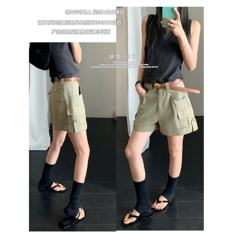 European-Style Large Patch Pocket Narrow Hip Quarter-Length Shorts with Belt, Casual Shorts in Borderless Style 20203 European-Style Large Patch Pocket Narrow Hip Quarter-Length Shorts with Belt, Casual Shorts in Borderless Style 20203