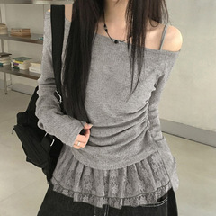 美式甜辣风蕾丝花边拼接T恤女2025秋季轻薄个性斜肩抽褶新款上衣