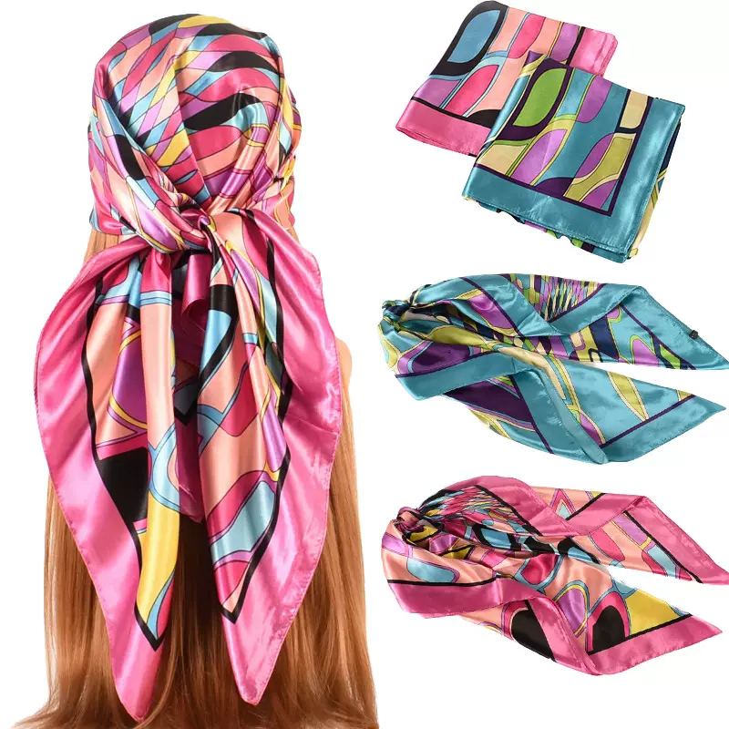 冬季新款印花仿真丝90*90几何色丁方丝巾围巾现货供应 时尚批发