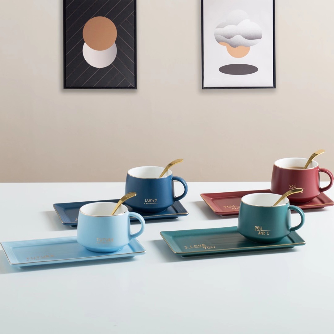 Estilo nórdico regalo taza y platillo traje tarde té taza de café con bandeja cuchara taza de agua retro simple taza