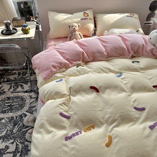 Cute Fresh Winter Milk Velvet Four-piece Bed Coral Faleilong Thickened Warm Bed Sheet Quilt Cover Three-piece Set