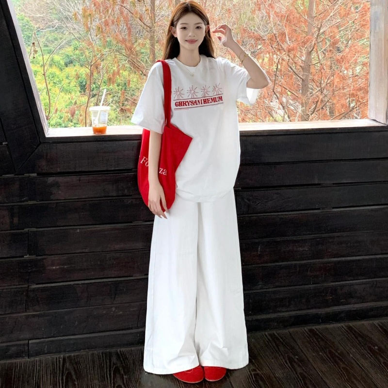 Korean Style Lazy Casual Sports Suit Women's Sun Print Loose Short-Sleeved T-Shirt White Wide-Leg Pants Two-Piece Set