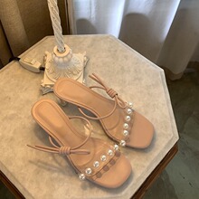 绝美凉拖鞋外穿夏法式一字带珍珠仙女风中粗跟气质凉鞋女
