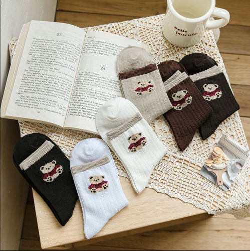 Teddy Bear Socks Women's Korean Style Medium Socks Versatile Autumn and Winter Thick Warm Stockings Women's Socks Factory Wholesale