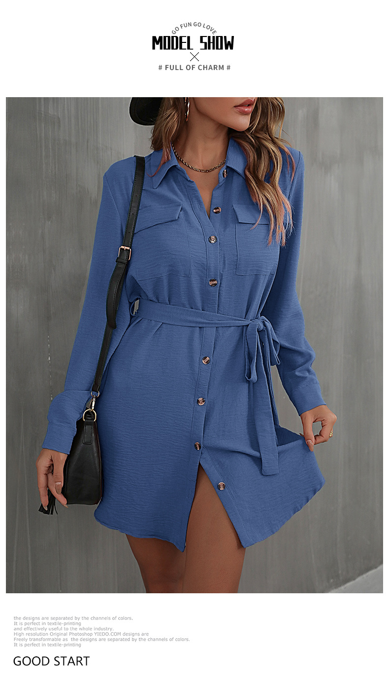 Rochie cămașă dama cu cordon în talie și guler pentru toamnă_voghion.com