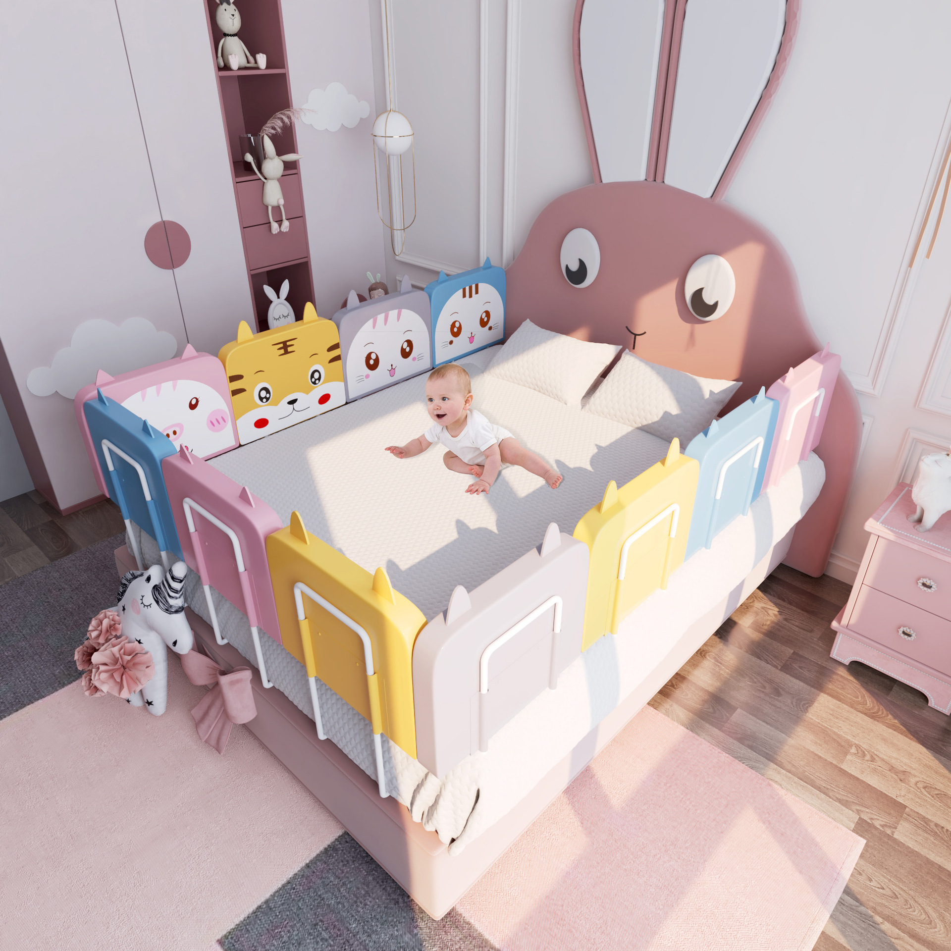 Manufacturer Wholesale Adjustable Bed Rail Guardrail for Children, Anti-Fall Protection Bed Fence, Baby Anti-Fall and Anti-Drop Bedside Guardrail, Cartoon Design